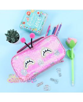 TEMPAT PENSIL JINJING CARRY ON SEQUIN KOTAK STARFIVE - BUTTERFLY FUCHSIA